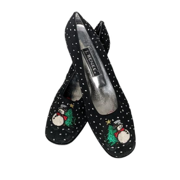 J. Renee Heel Christmas kitten heel 5854 Snowman Polka dot 11W Black White